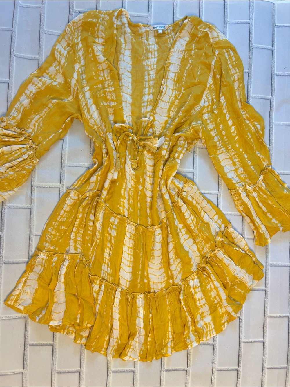 NWOT Blue Island Yellow Tie-Dye Ruffle Mini Dress/Sun cover